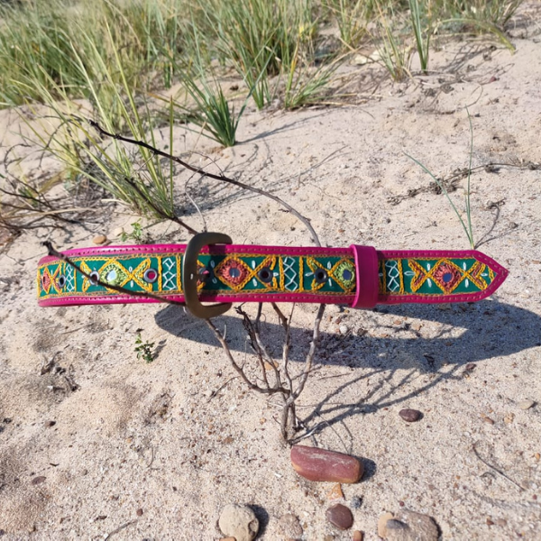 Hand Embroidered leather belt (pink)